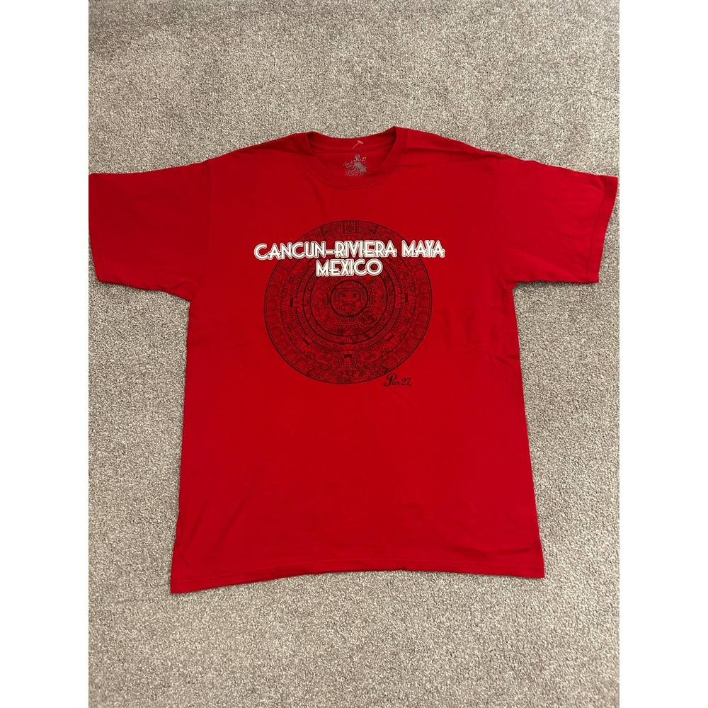 Pier 27 Cancun Riviera Maya Mexico T-Shirt Mens Large Red Excellent Aztec Print